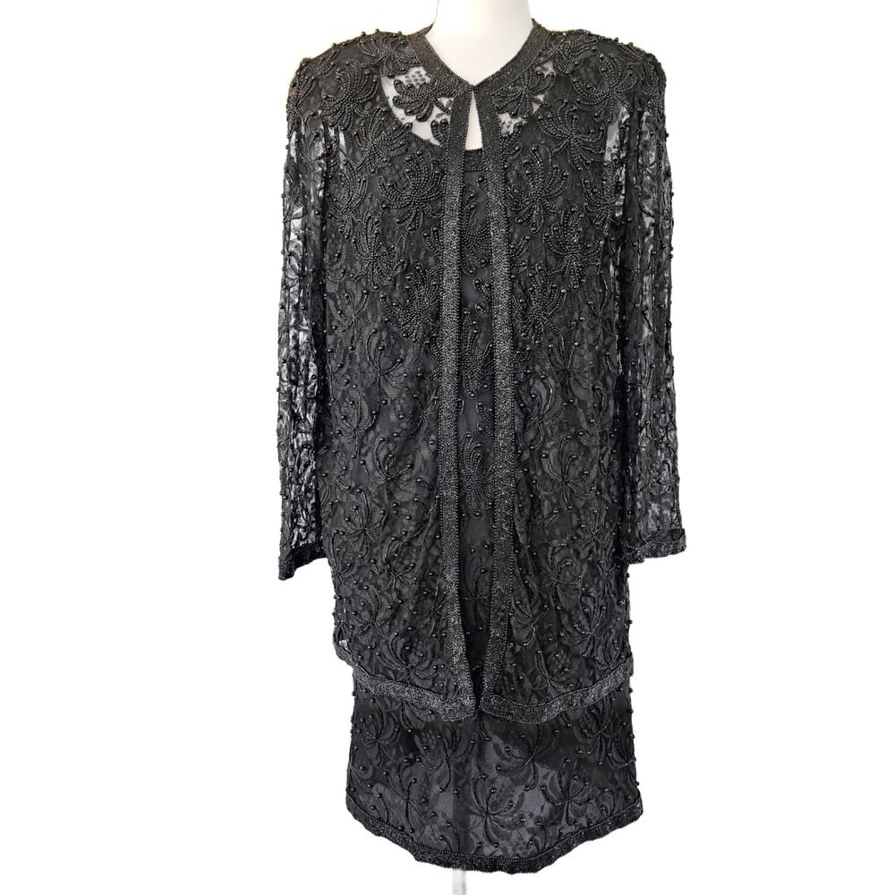 Scala Black Cocktail Dress with Jacket Set Long Sleeve Lace Beaded Size 1X